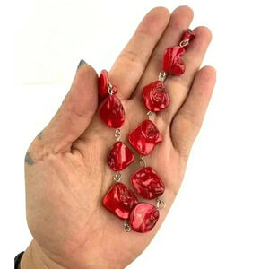 Red Natural Shell Chunky Beaded Necklace 20" Jewelry Silver Metal Tone